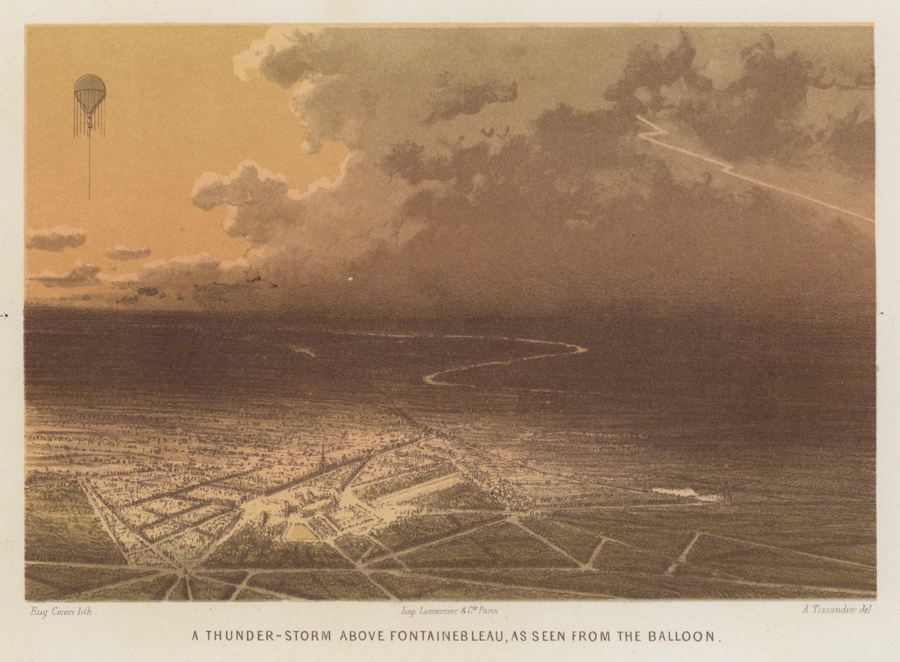 Een donderstorm boven Fontainebleau, gezien vanuit de ballon (kleurenlitho) door French School