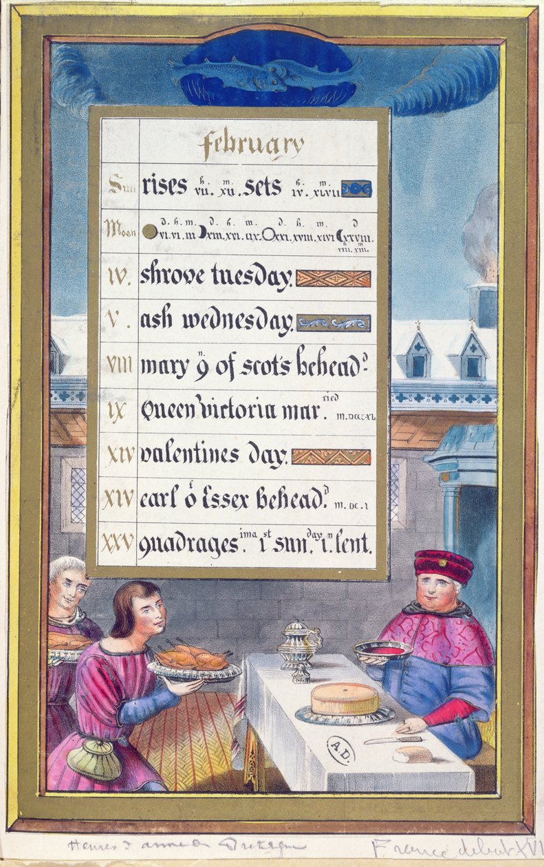 Een Victoriaans kalendersheet voor februari met een illustratie uit het Getijdenboek van Anne de Bretagne (1488-1514) door French School