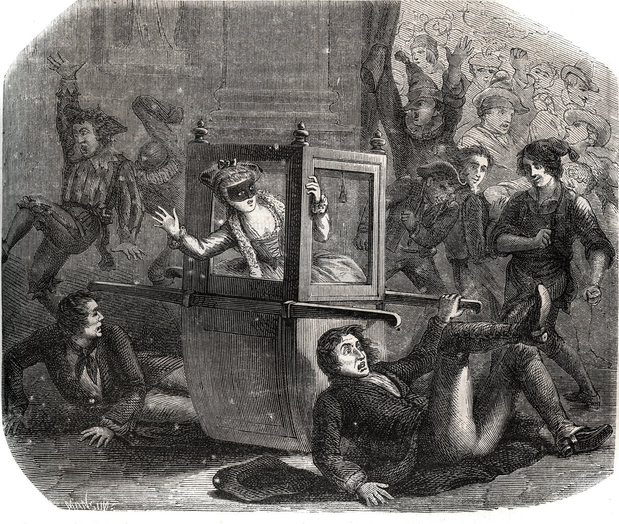 Een groep grappenmakers houdt Marie-Therese Le Vasseur, verkleed voor het Carnaval, tegen in haar rolstoel. Ze is het slachtoffer van de wraak van een van haar voormalige geliefden. Gravure uit 1871 in "Histoire Des Cocus Celebres" door French School