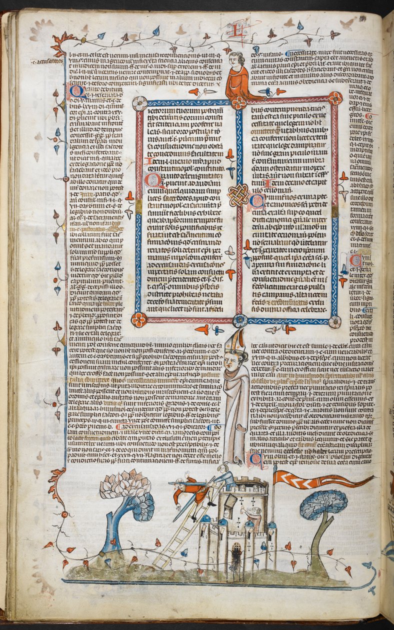 Een scène onderaan de pagina van een man die probeert een kasteel binnen te vallen, gedood door een van de verdedigers, uit de Smithfield Decretals door French School
