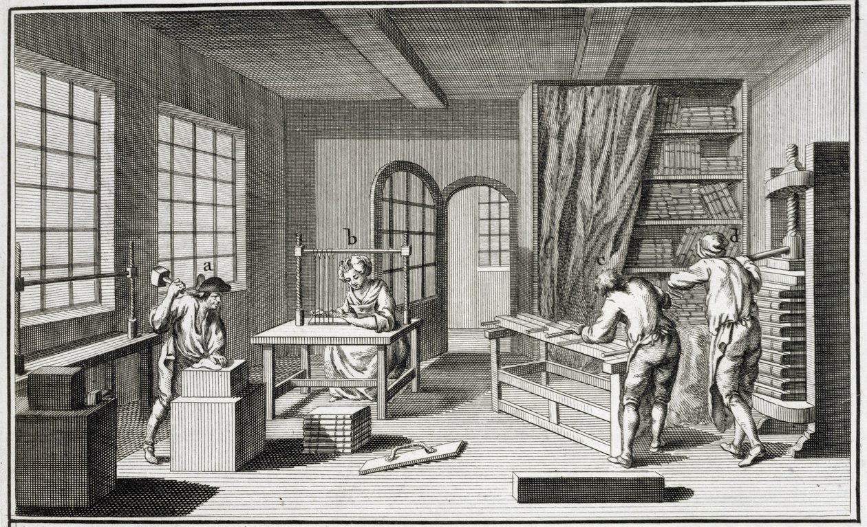 Een boekbinderswerkplaats, uit de Encyclopedie des Sciences et Metiers door Denis Diderot (1713-84) gepubliceerd ca. 1770 door French School