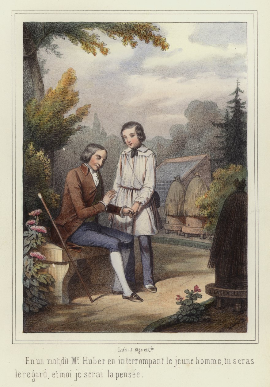 Een jongen helpt een blinde man (kleurenlitho) door French School