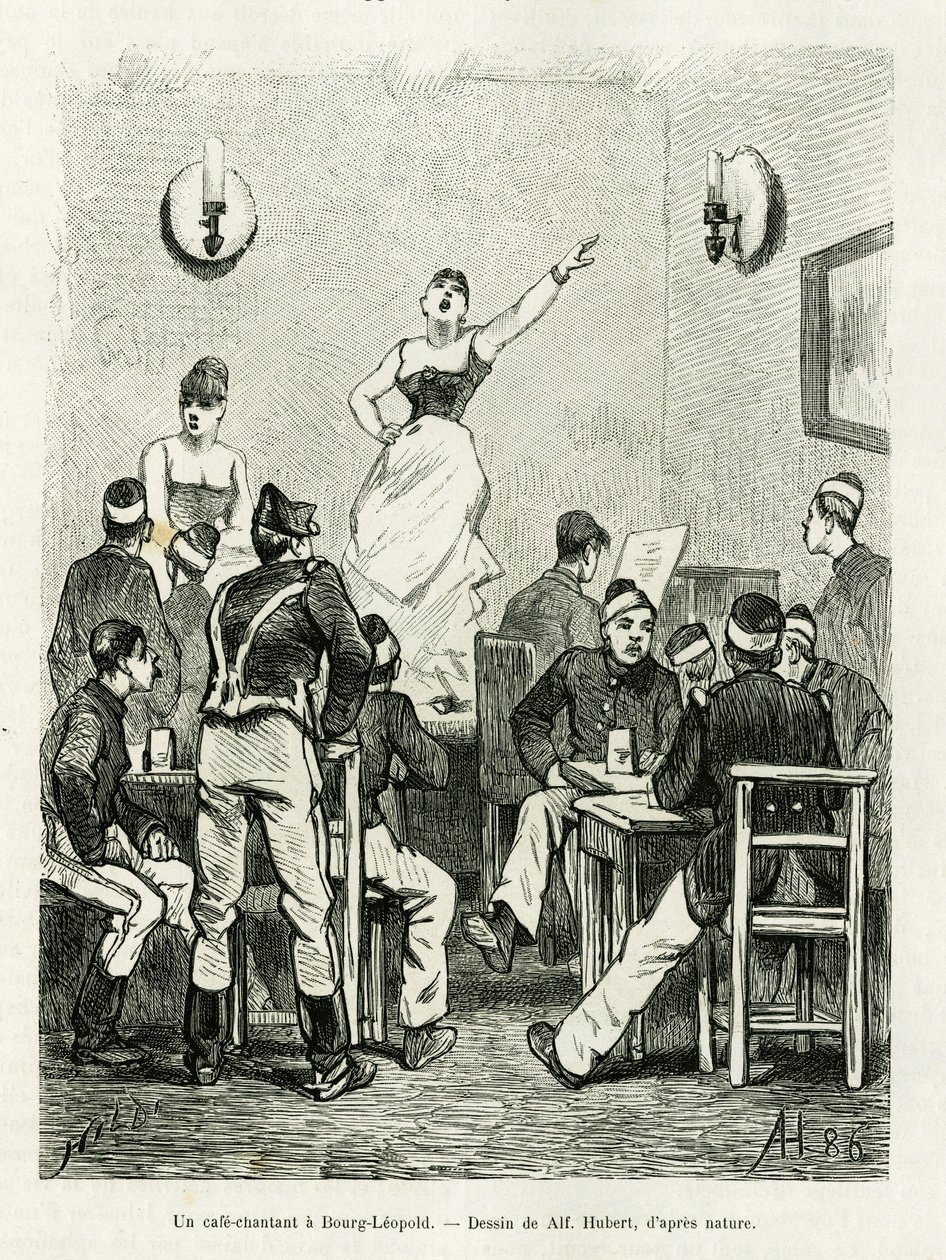 Een cafézang in Bourg Leopold. Gravure door A.Hubert ter illustratie van het verhaal La Belgique, door Camille Lemonnier, in le tour du monde 1886, onder leiding van Edouard Charton, Hachette, Parijs. door French School