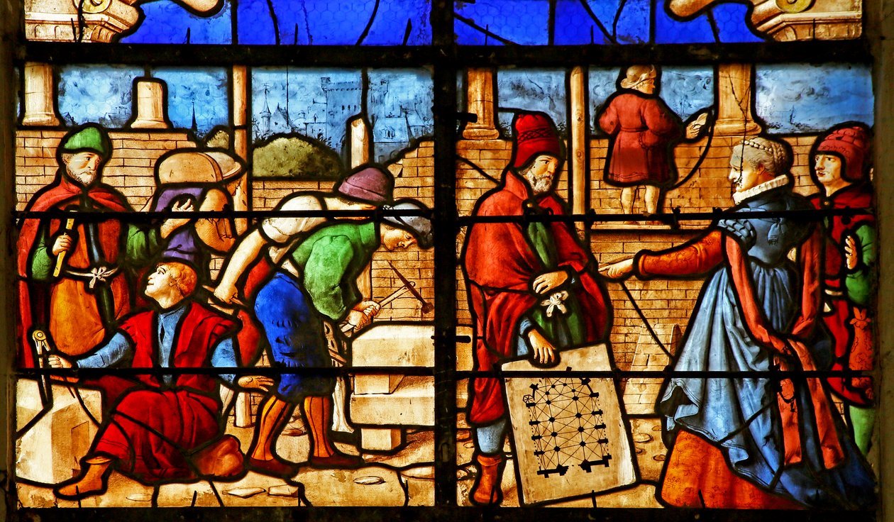 Een kerk gewijd aan Sint Julien du Sault (ook bekend als de Brioude) wordt gebouwd door French School