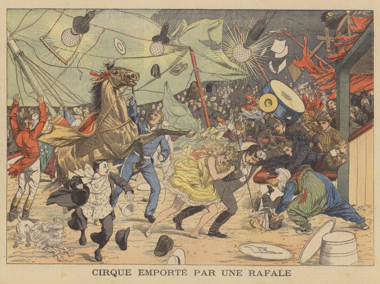 Een circustent meegesleurd door een windvlaag (kleurenlitho) door French School