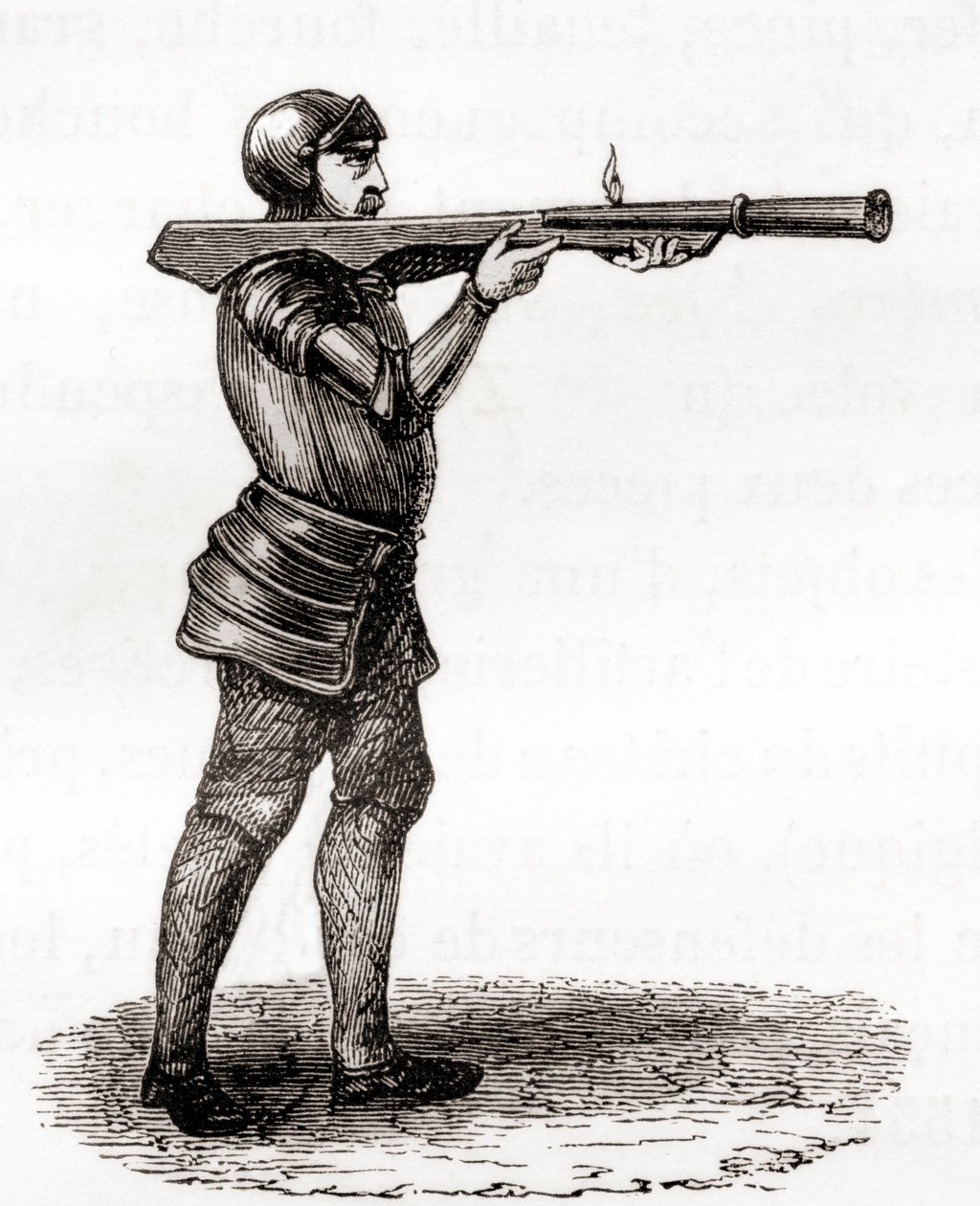 Een voetsoldaat met een handbom, laat 14e en 15e eeuw, naar een 19e-eeuwse tekening, uit Les Merveilles de la Science, gepubliceerd ca. 1870 door French School