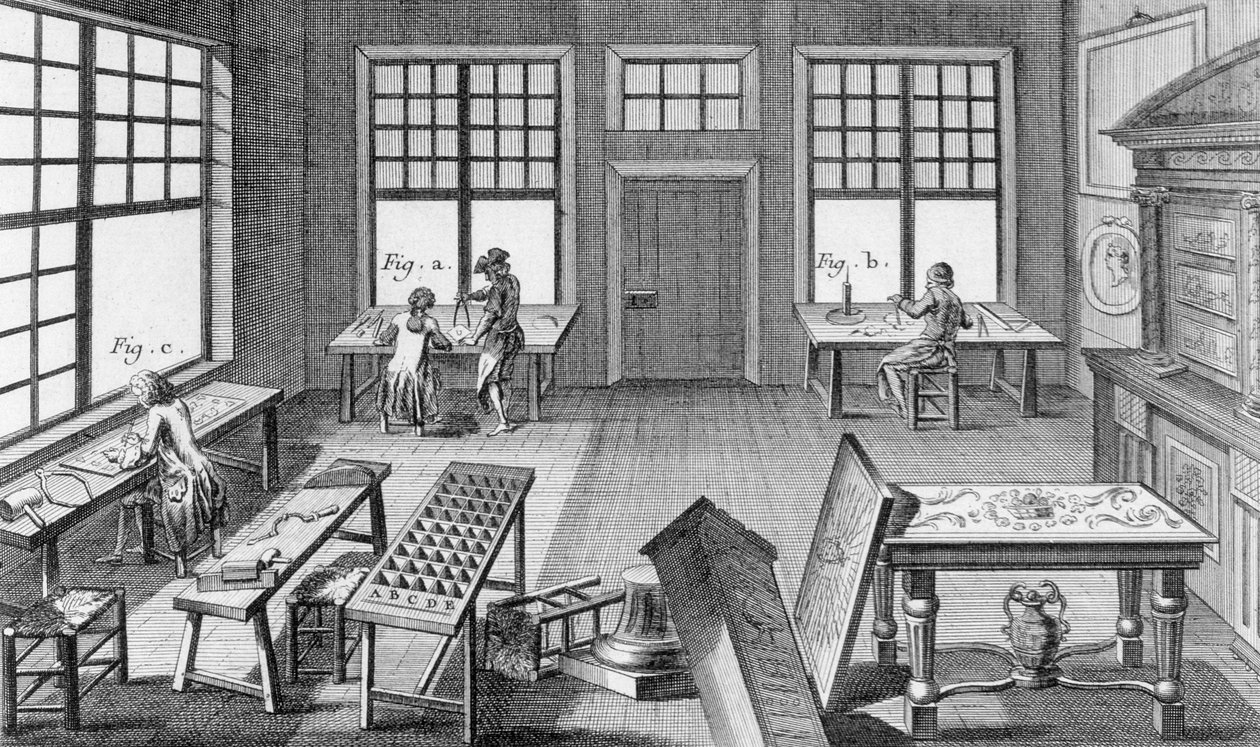 Een meubelinleggerswerkplaats, uit de Encyclopedie des Sciences et Metiers door Denis Diderot (1713-84) gepubliceerd ca. 1770 door French School