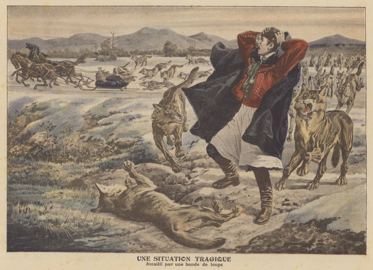 Een koopman aangevallen door een roedel wolven in Transsylvanië (kleurenlitho) door French School