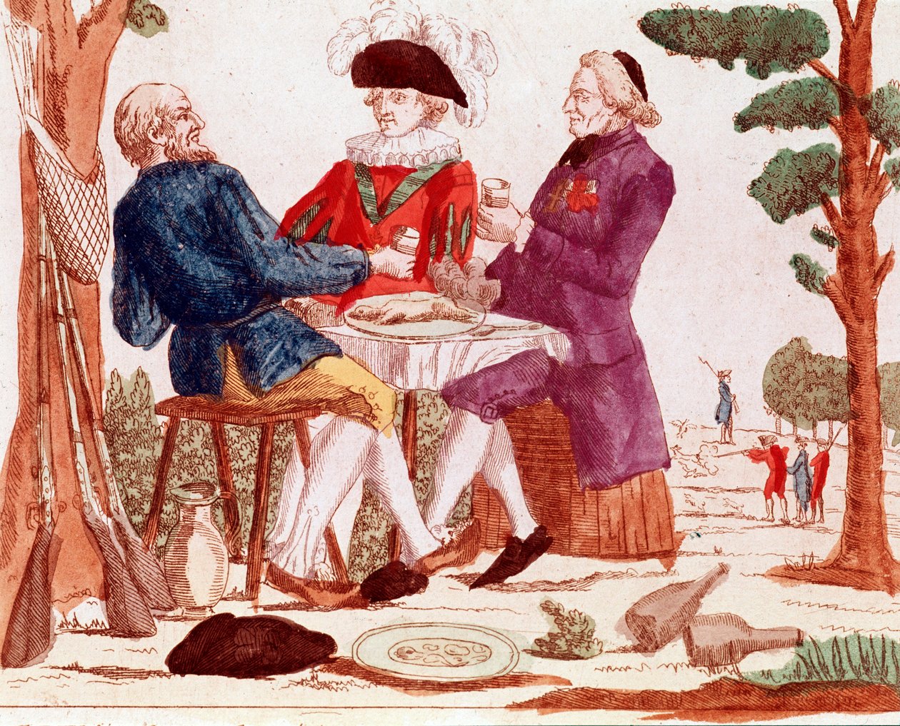 Een boer, geestelijke en aristocraat eten samen een konijn aan een tafel door French School