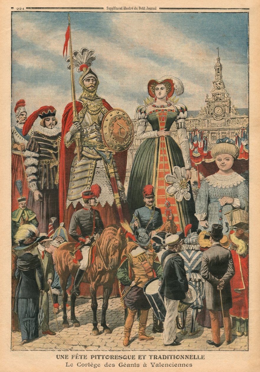 Een schilderachtig en traditioneel feest, de processie van de Reuzen in Valenciennes, illustratie uit 