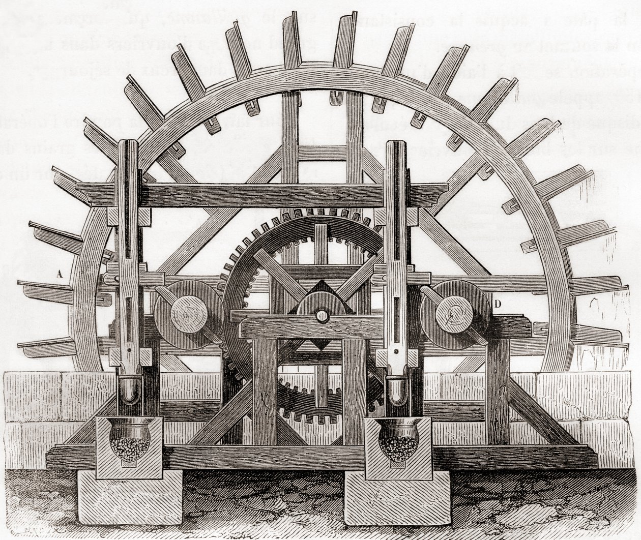 Een kruitmolen en zijn waterrad, naar een 19e-eeuwse tekening, uit Les Merveilles de la Science, gepubliceerd ca. 1870 door French School