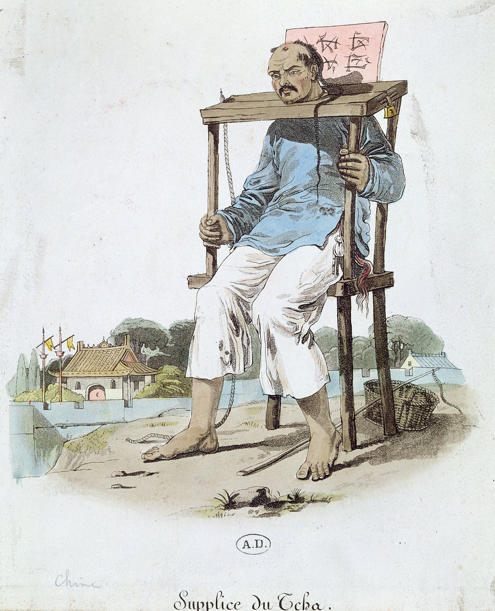 Een gevangene in de Cangue in China, ca. 1800 door French School