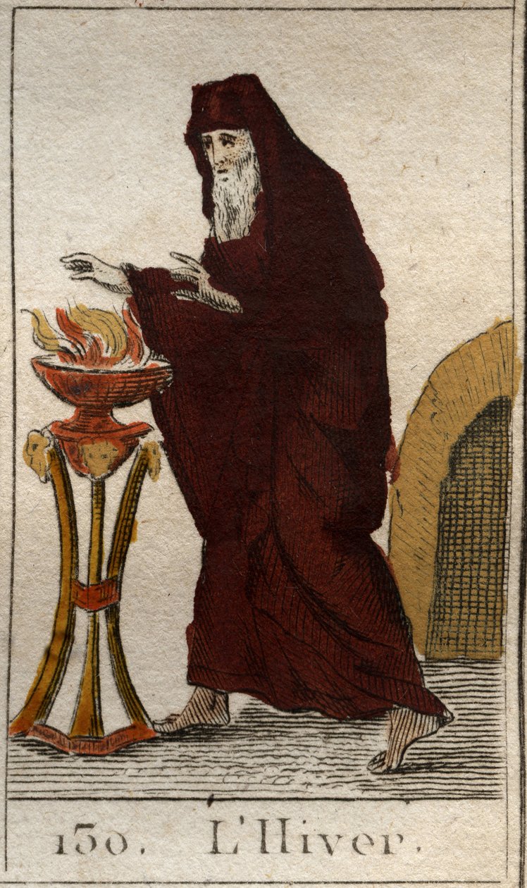 Afbeelding van het winterseizoen als een oude man die zich opwarmt bij een vuur. Uit “Mythologie de la jeunesse” door Pierre Blanchard 1803. door French School