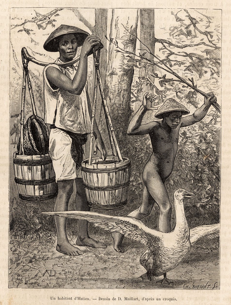 Een inwoner van Hatien (Vietnam) draagt emmers en een mand en een kind jaagt een gans met een stok, gravure naar een tekening van Robin, illustratie van de reis naar Cochinchine, door dokter Morice, in 1872, gepubliceerd in 
