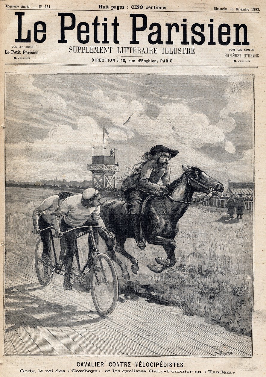 Een ruiter racete tegen velocipedisten: William Frederic Cody (1846-1917), bekend als Buffalo Bill, bekend als Koning van de Cowboys en fietsers Gaby en Fournier in tandem. Een van de kranten 