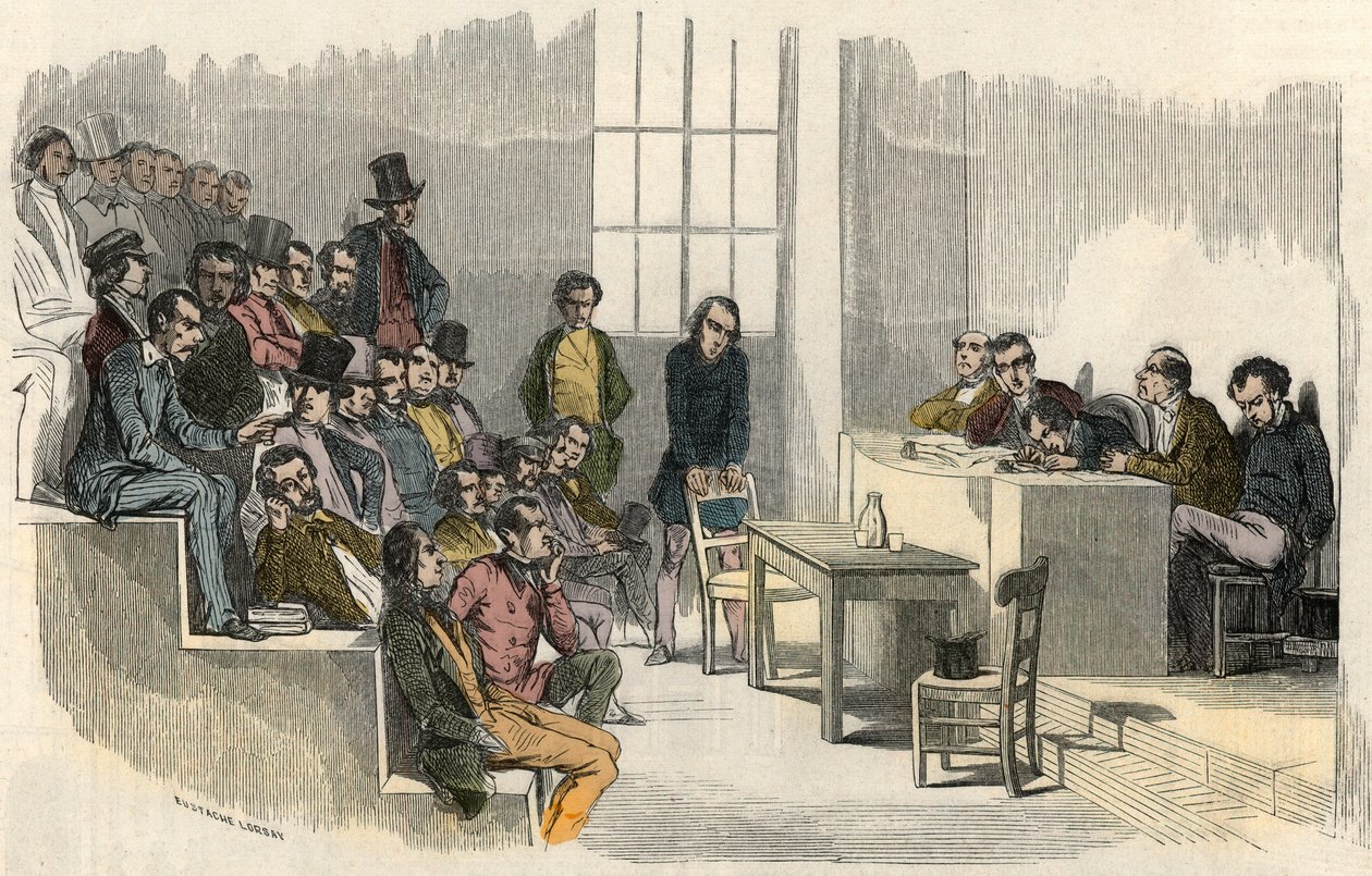 Een zitting van de aggregatiewedstrijd aan de Sorbonne in Parijs in de 19e eeuw - Gravure in 