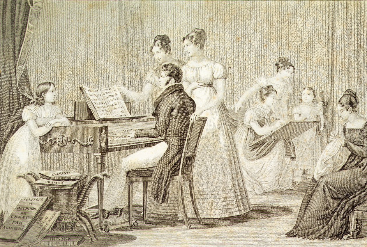 Een zangles voor jonge dames (gravure) door French School
