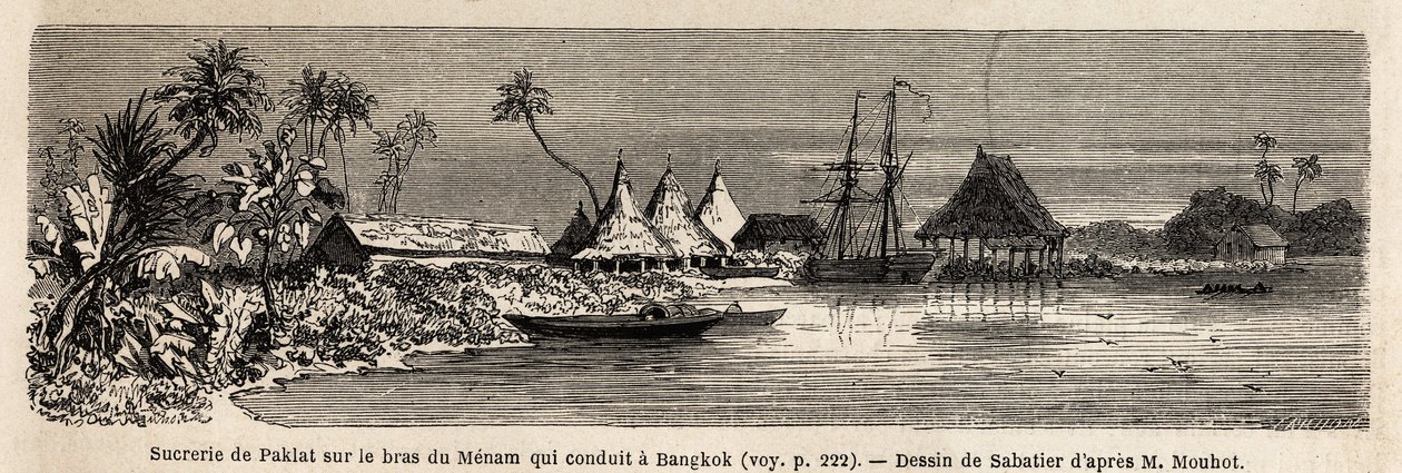 Een suikerfabriek van Paklat, aan de arm van Menam, de belangrijkste rivier van Thailand, tekening door Sabatier, ter illustratie van Henri Mouhot