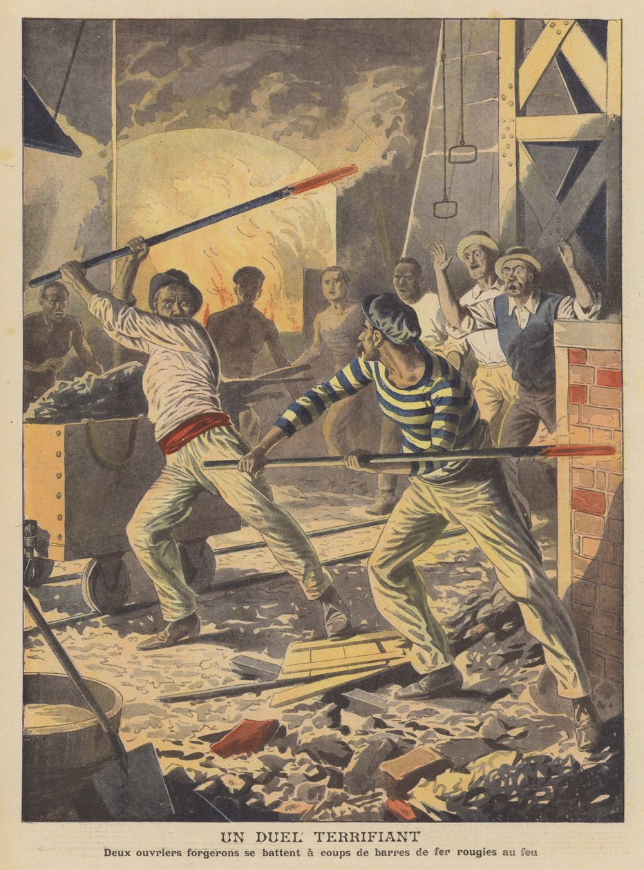 Een angstaanjagend duel (kleurenlitho) door French School