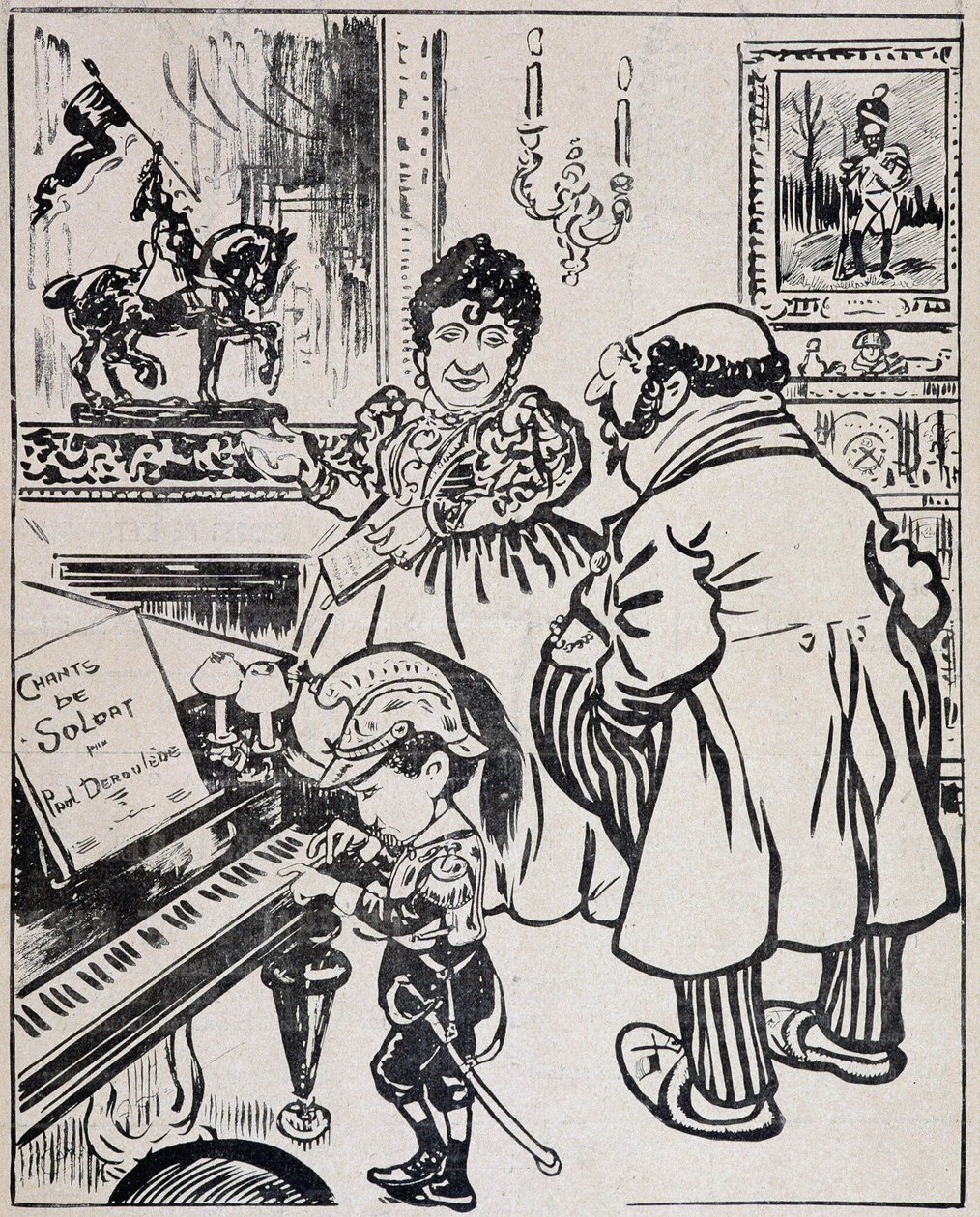 Een gebruikte bronzen, karikatuur met slagschepen, bladmuziek voor Deroulede op de piano en beeldje van Jeanne d