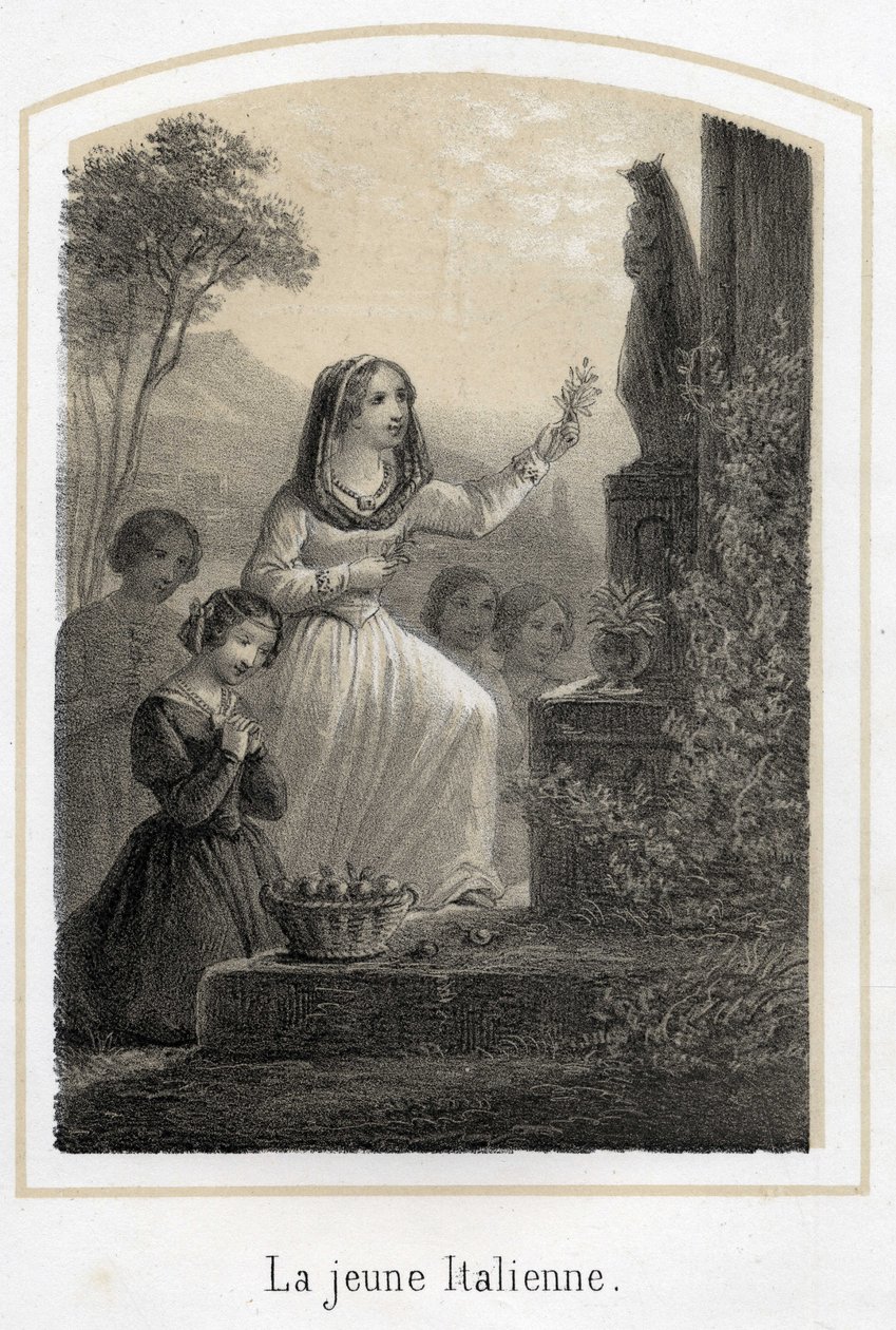 Een zeer vrome jonge Italiaanse vrouw brengt hulde aan de Maagd Maria door haar een olijftak te geven. Anonieme gravure uit de 19e eeuw door French School