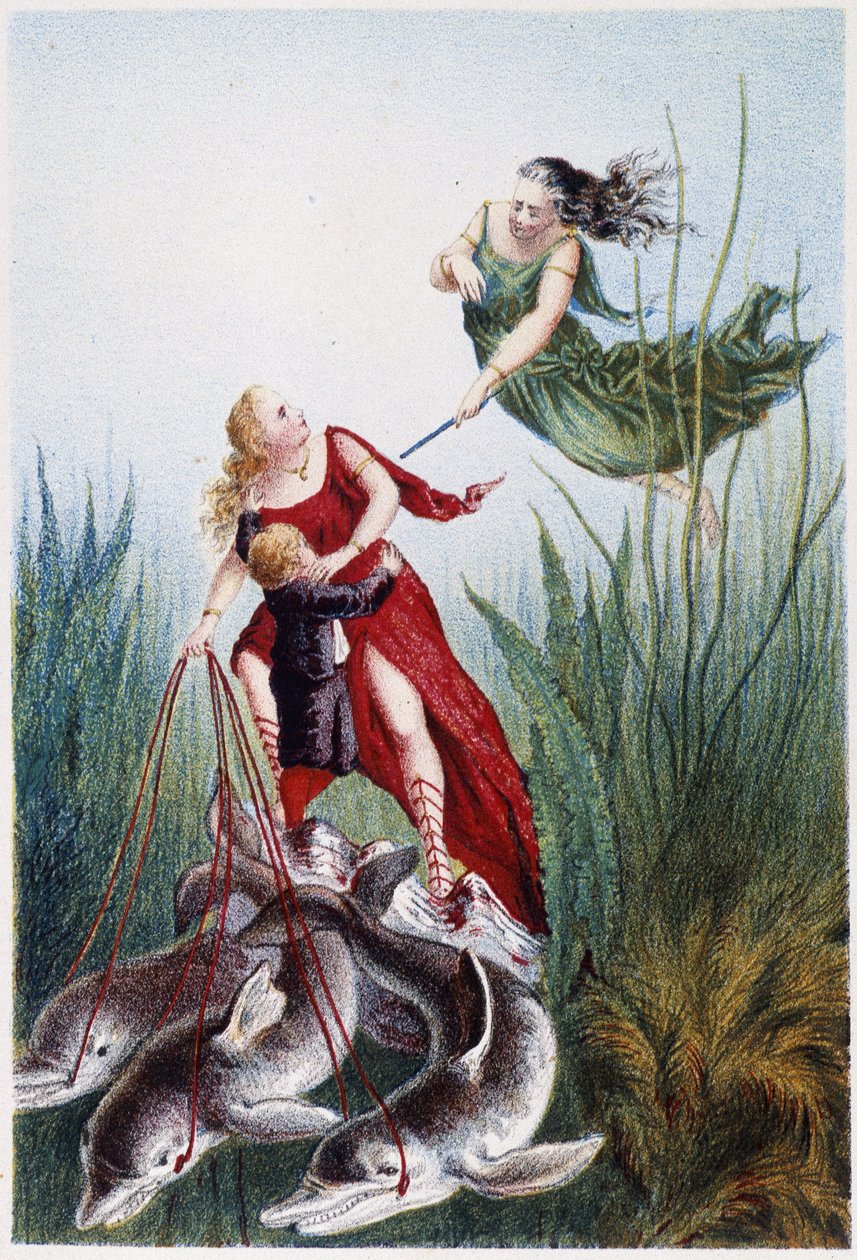 Een vrouw die een andere vrouw en een jongen aanvalt, geleid door dolfijnen - in "Reis naar de bodem van de zee" door H. de la Blanchère. Parijs, ed. Jouvet et Cie, sd. 1880 door French School
