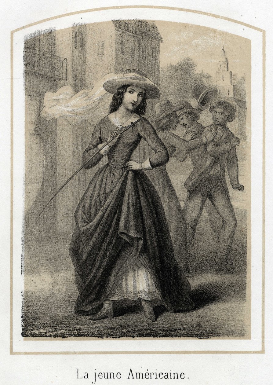 Een jonge Amerikaanse vrouw veroorzaakt gevechten tussen haar vrijers. Anonieme gravure van de 19e eeuw door French School