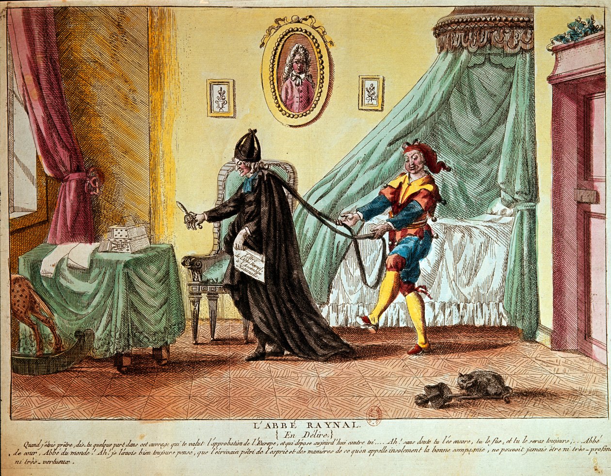 Abbé Raynal in een delirium, ca. 1790 (handgekleurde ets) door French School
