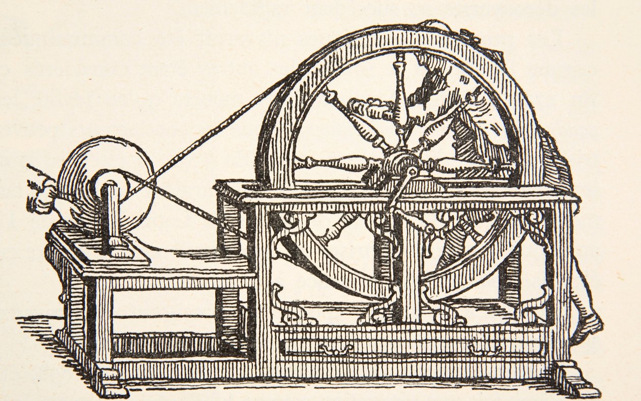 Abbe Nollets elektriciteitsmachine, 1746, kopie door Boris Mestchersky (d.1957) illustratie uit Histoire de la Nation Francaise, Sciences, Volumes I & II, door Gabriel Hanotaux (1853-1944), 1924 door French School