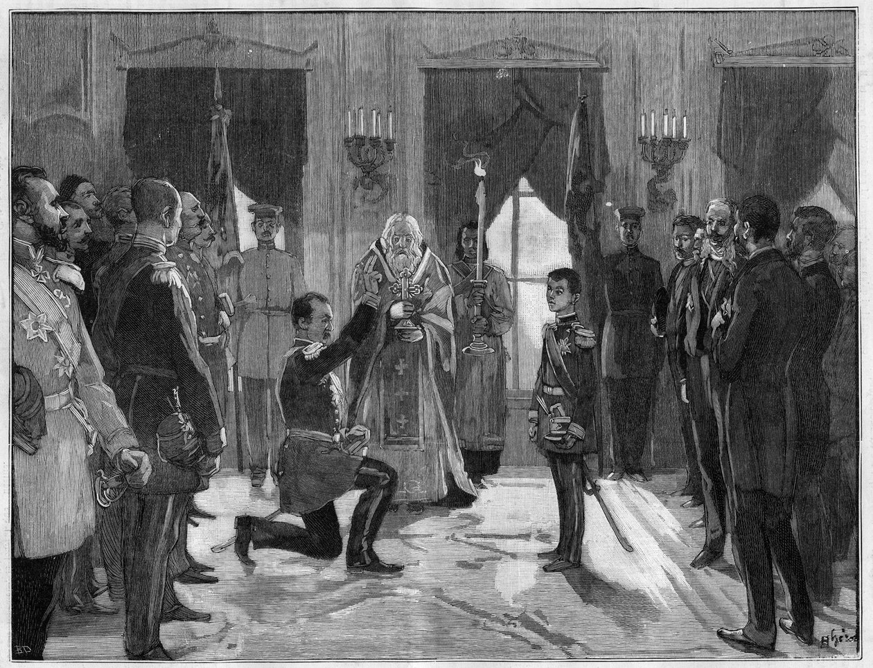 Abdicatie van koning Milan I van Servië (1854-1901), 7 maart 1889: de voormalige koning legt een eed van gehoorzaamheid en trouw af aan zijn zoon, Alexander I van Servië (1876-1903), voor wie hij zojuist heeft afgezworen. Gravure in 