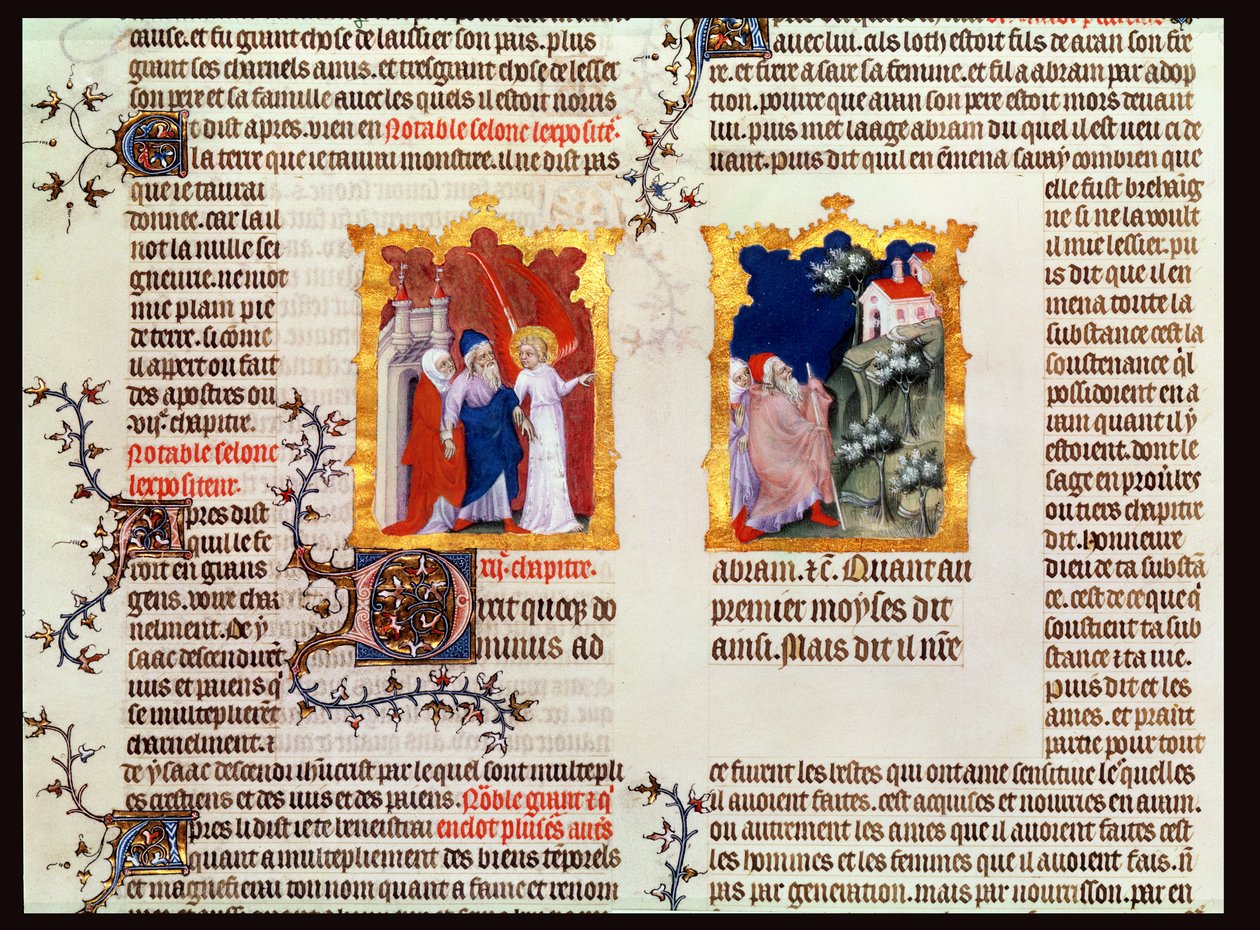Abraham en Sara verlaten Ur der Chaldeeën naar Kanaän, uit De Bijbel van Jean de Sy, ca.1355 door French School