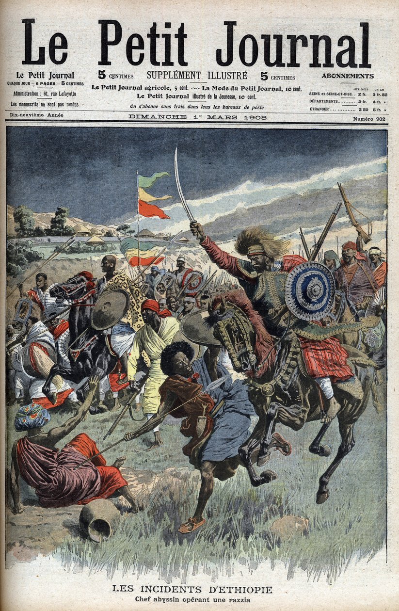 Abyssinische leider op een raid, Ethiopië, maart 1908 (christelijke Abyssiniërs vechten tegen moslim Somaliërs aan de grens tussen Ethiopië en Somalië) uit Le Petit Journal (gravure) door French School