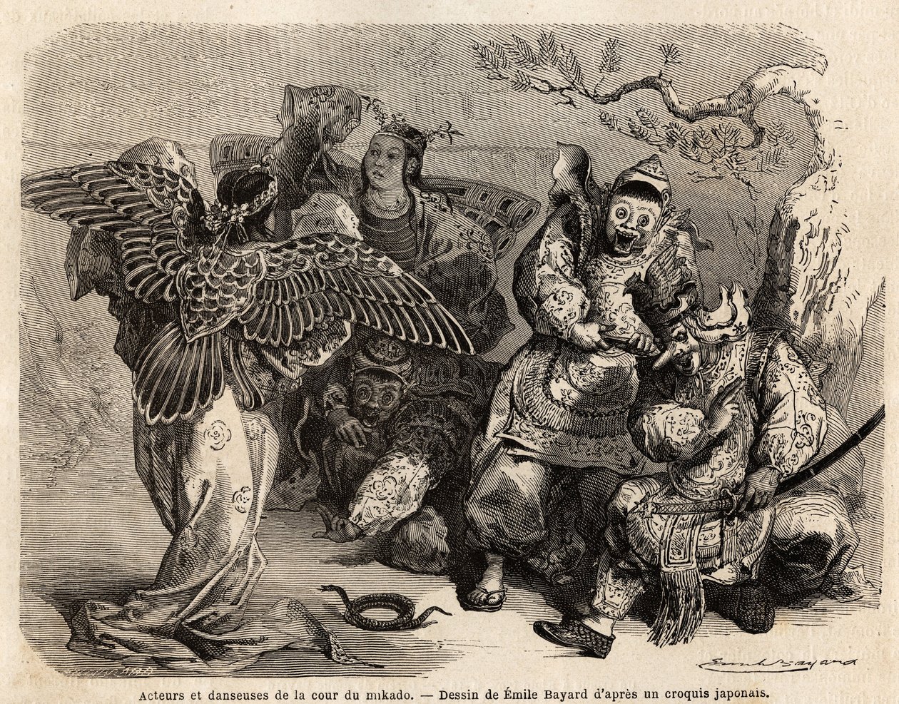 Acteurs en dansers van het Mikado-hof in toneelkostuum. Gravure ter illustratie van de reis naar Japan in 1863-1864, door Aime Humbert, minister van de Zwitserse Confederatie, in 