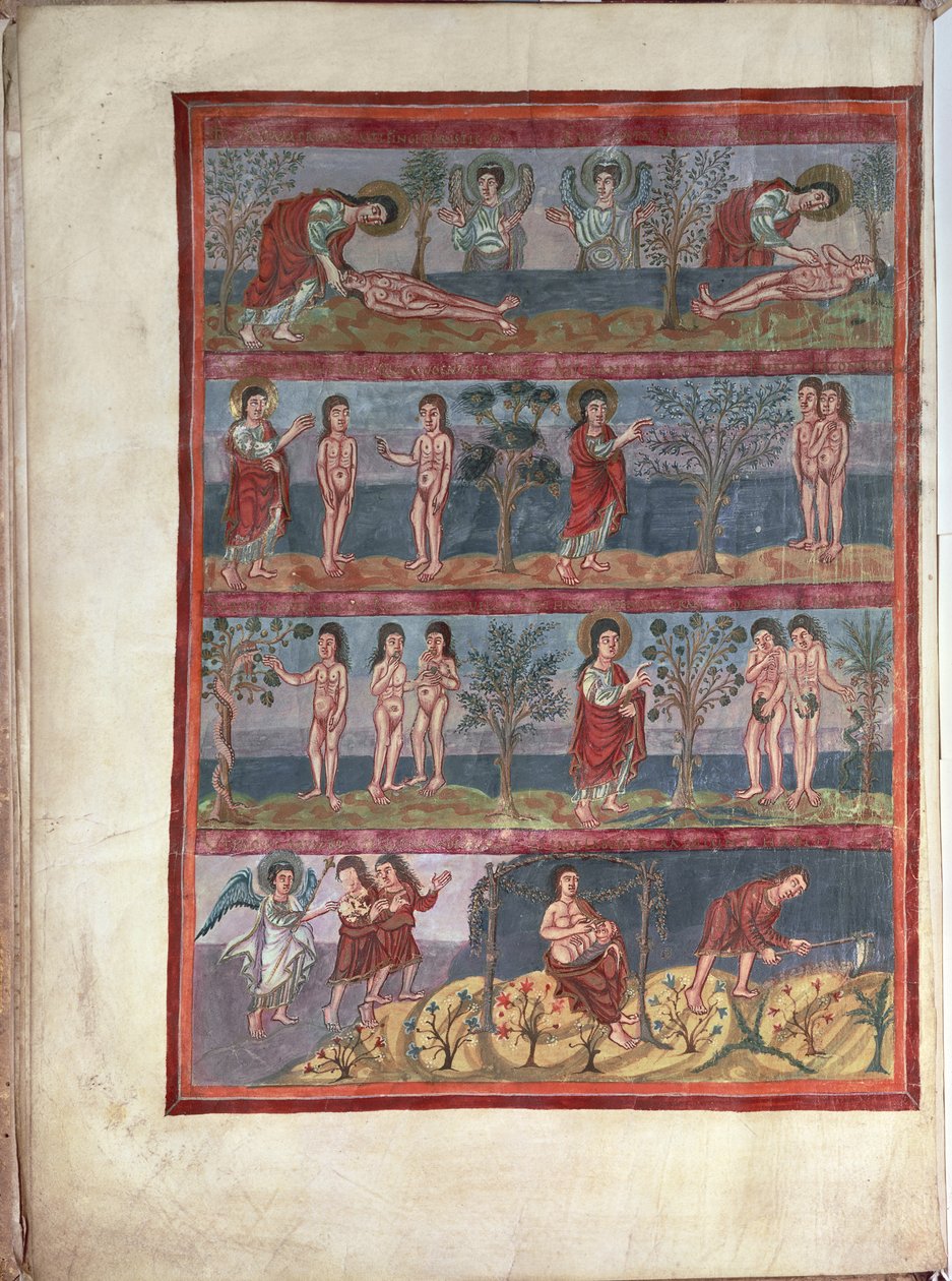 Adam en Eva, uit de Moutier-Grandval Bijbel, verlicht in de Karolingische Abdij van St. Martin, Tours, Latijn, c.834-843 door French School