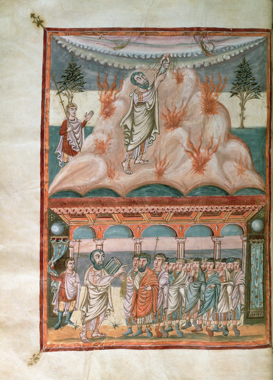 Mozes ontvangt en geeft de wet van God door op de berg Sinaï, uit de Moutier-Grandval Bijbel, verlicht in de Karolingische Abdij van St. Martin, Tours, c.834-843 door French School