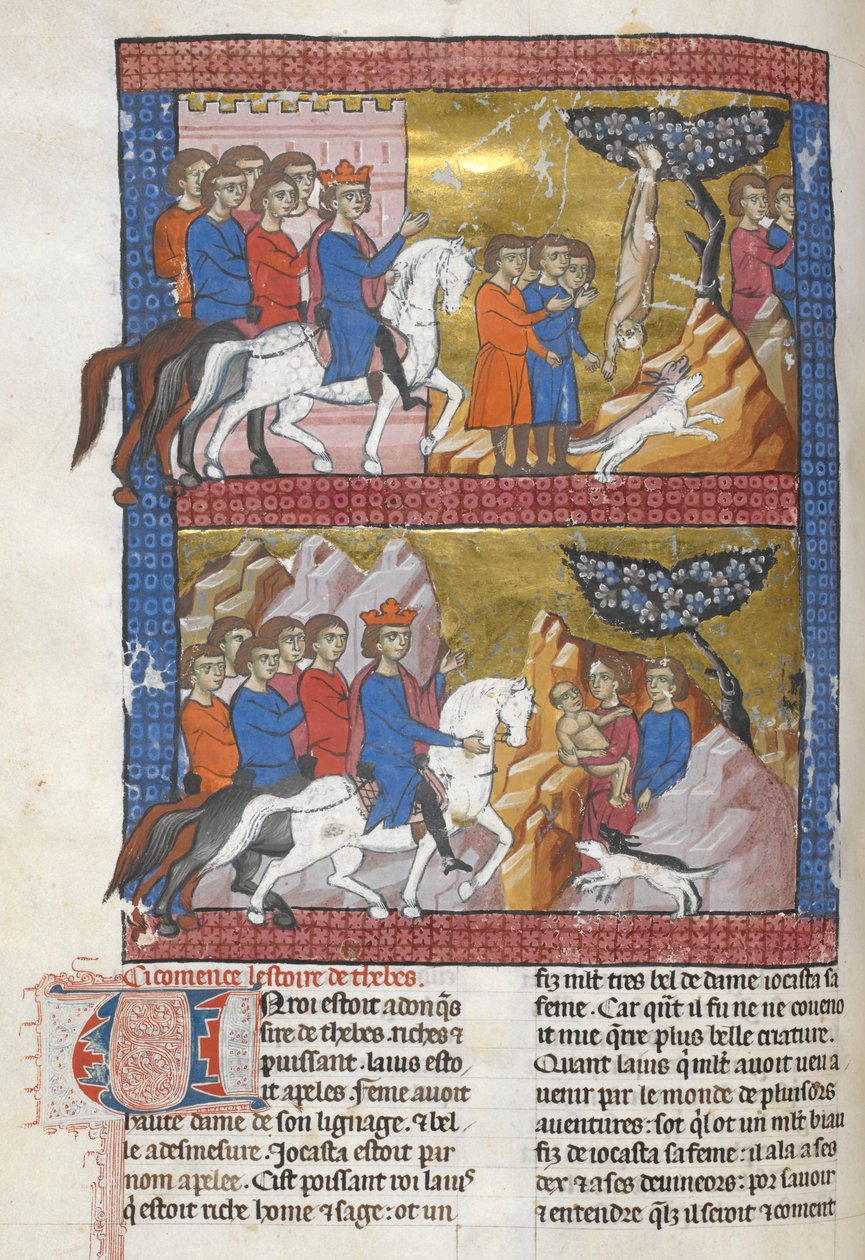 Add. 15268, f.75v Oedipus, gevonden door Polybus, Koning van Korinthe, illustratie uit 