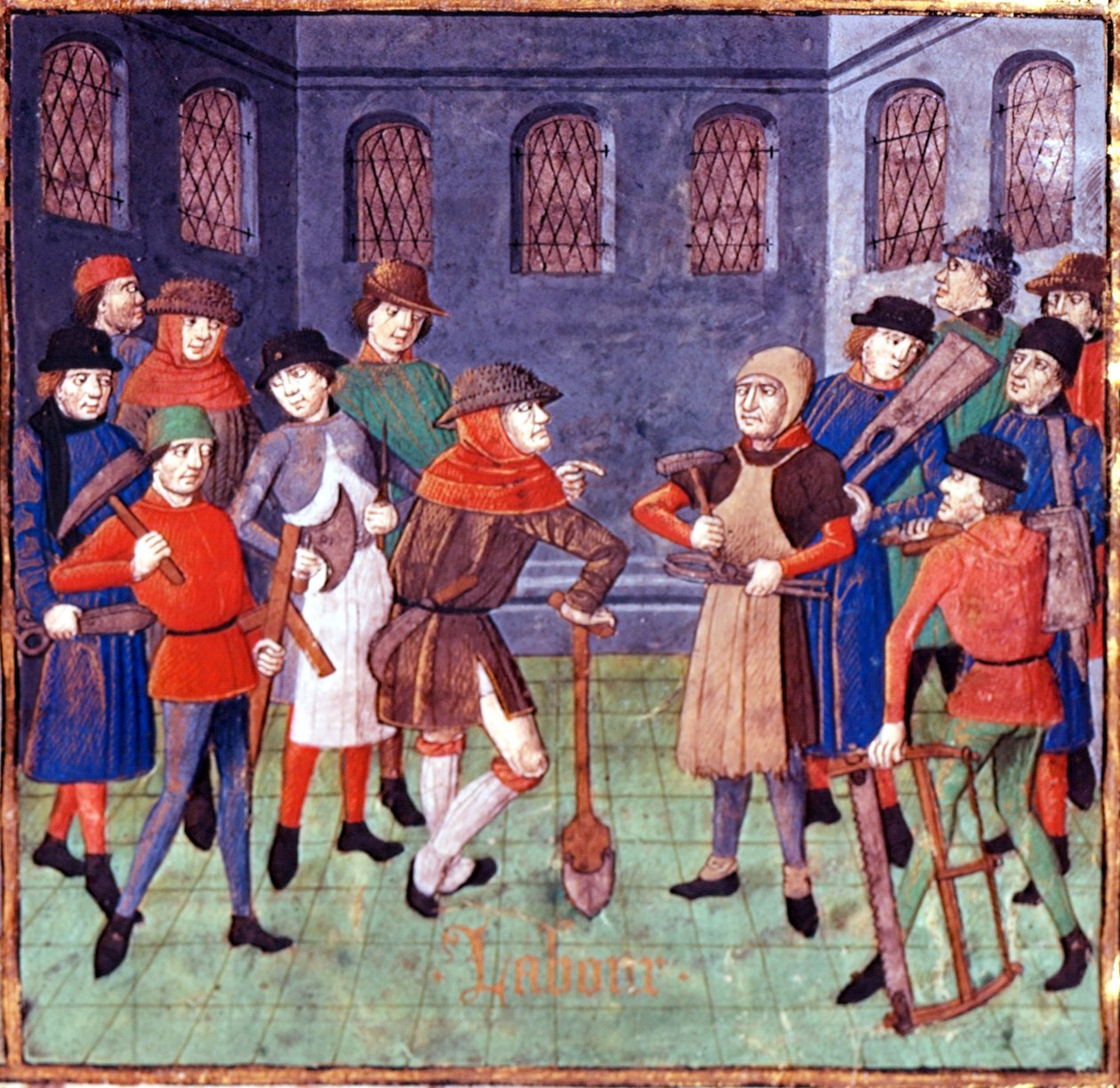 Werklieden met gereedschap, detail uit de opdrachtproloog aan de hertog van Berry in 
