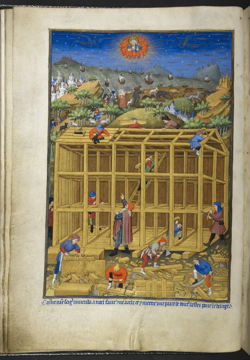 De bouw van de ark van Noach, uit het Getijdenboek (De Bedford Hours) c.1410-30 door French School