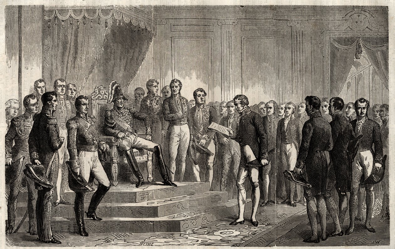 Adres van de 221 - Liberale staatsman Roy-Collard presenteert het adres van de 221 - Pierre Paul Royer-Collard leest aan de Franse koning Charles X het adres van de 221 voor om te protesteren tegen de heerschappij in 1830 - Pierre Paul Royer Collard (1763- door French School