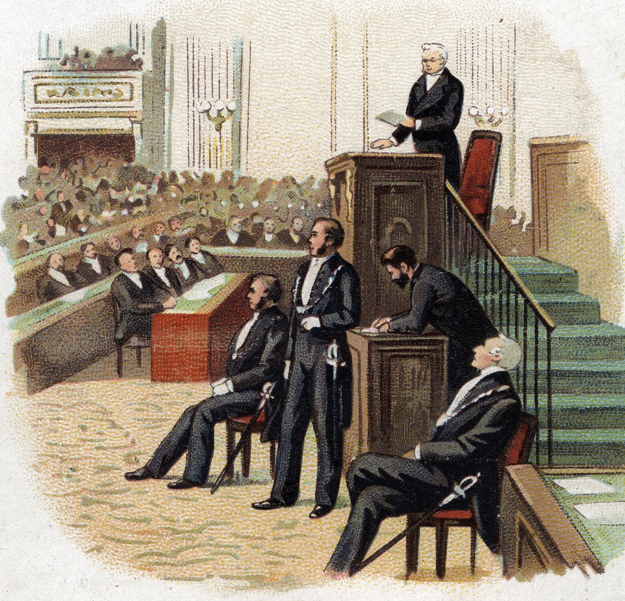 Adolphe Thiers (1797-1877), President van de Republiek aan het podium van de Nationale Vergadering in 1872 - Chromolithografie (Chromo) van het begin van de 20e eeuw door French School
