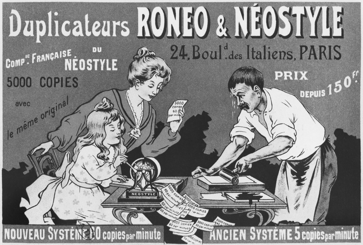 Advertentie voor Roneo en Neostyle duplicators, ca. 1903-04 door French School