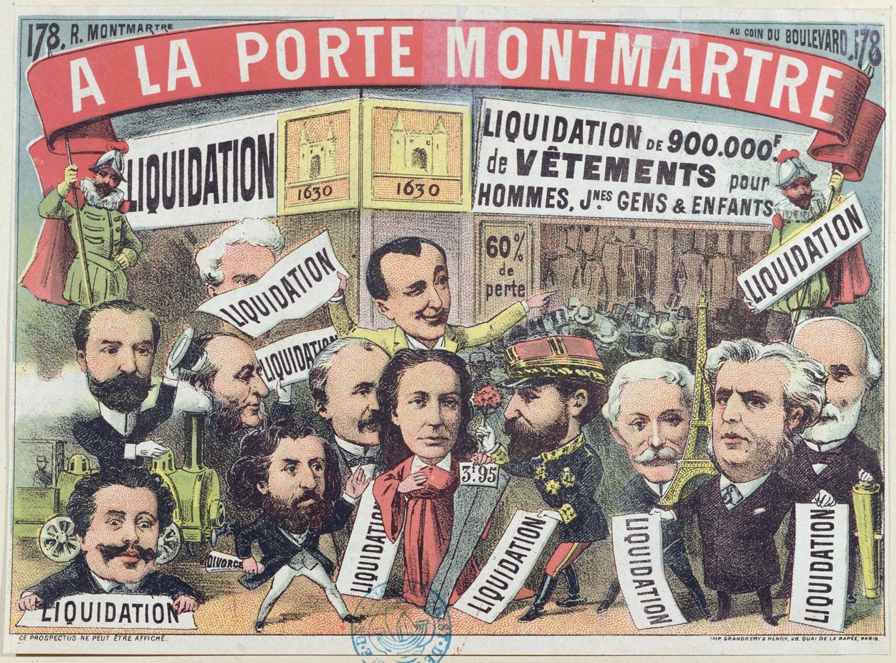 Advertentie voor een uitverkoop van kleding in het Parijse warenhuis La Porte Montmartre, ca. 1880 door French School