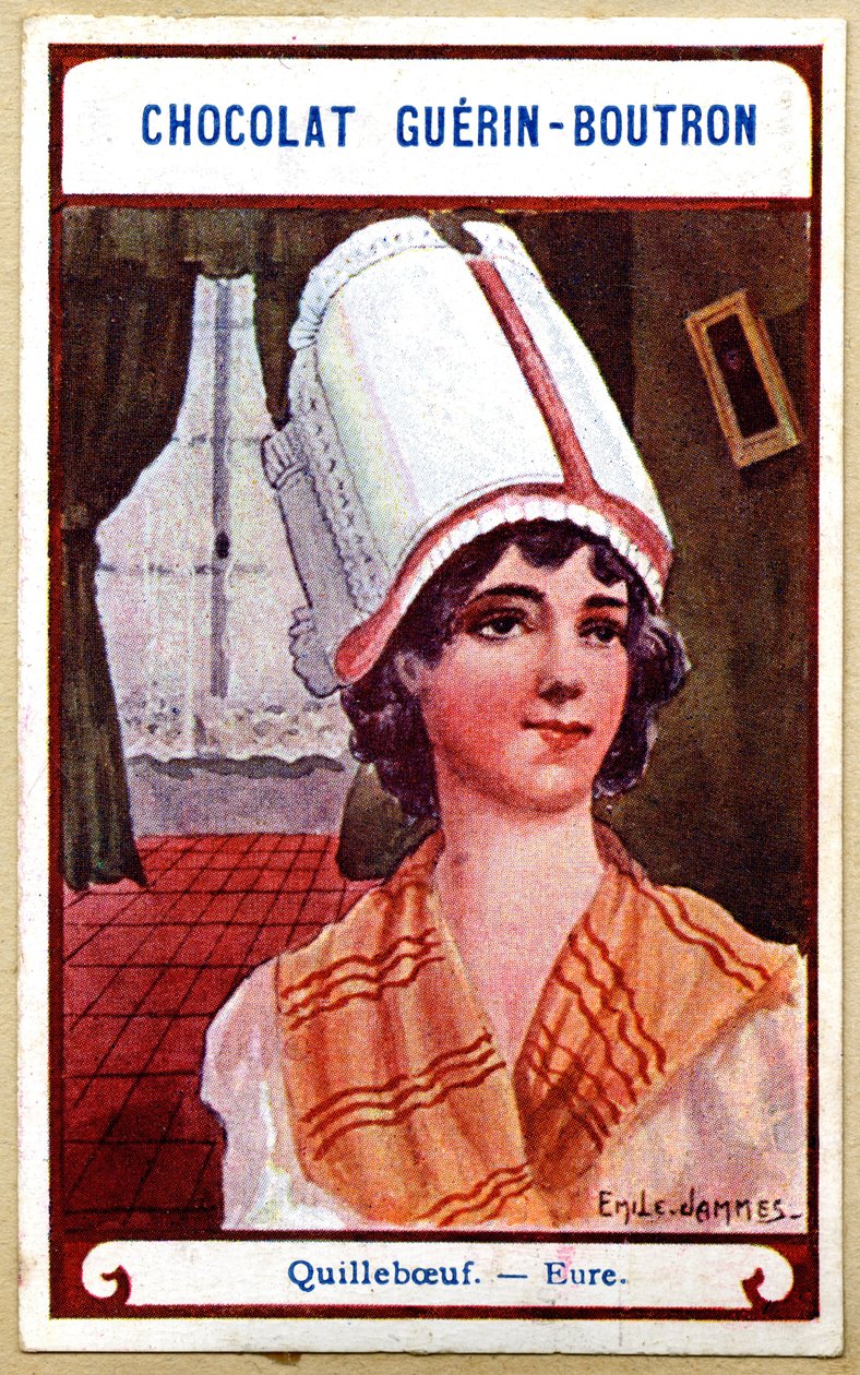 Reclamechromolithografie van chocolaatjes Guerin Boutron, de hoofdtooien van de regio