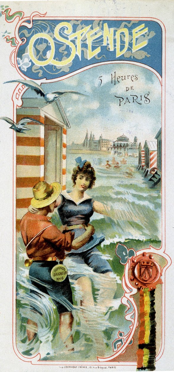 Reclame om van Parijs naar Oostende (België) te reizen: Oostende: 5 uur van Parijs, ca. 1900 (chromolithografie) door French School