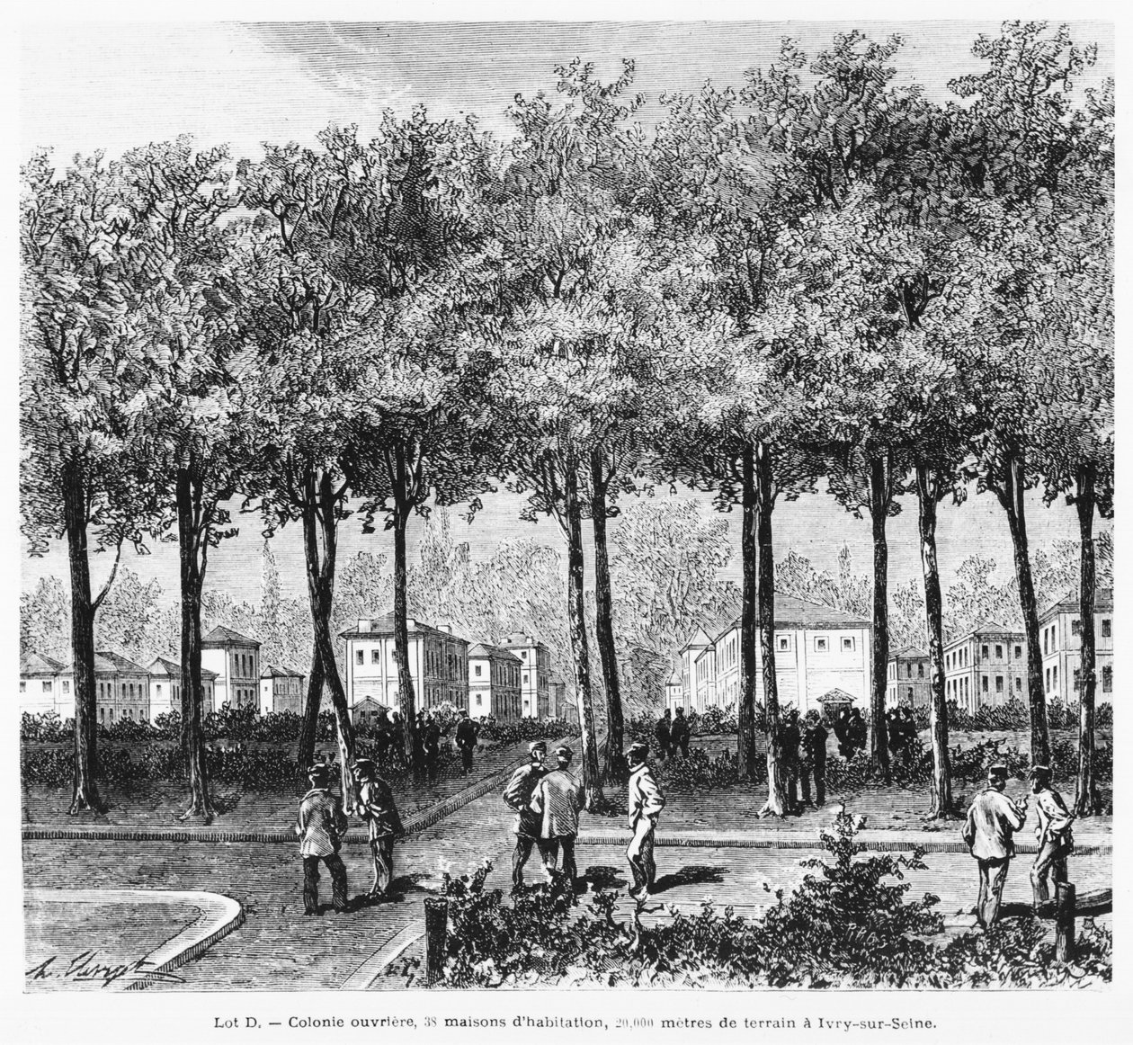 Advertentie die een arbeiderskolonie afbeeldt, illustratie uit Le Monde Illustré, 1876 door French School