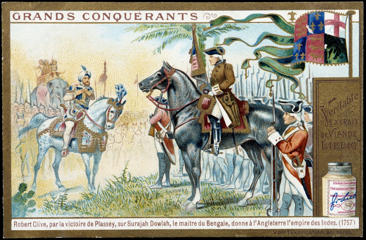 Na de overwinning van Plassey op Surajah Dowlah (Suraj Ud-daula of Ud Daula Ud Daulah of Ud-Daulah), gaf de meester van Bengalen Engeland het rijk van India in 1757. 19e eeuw liebig chromolithografie door French School