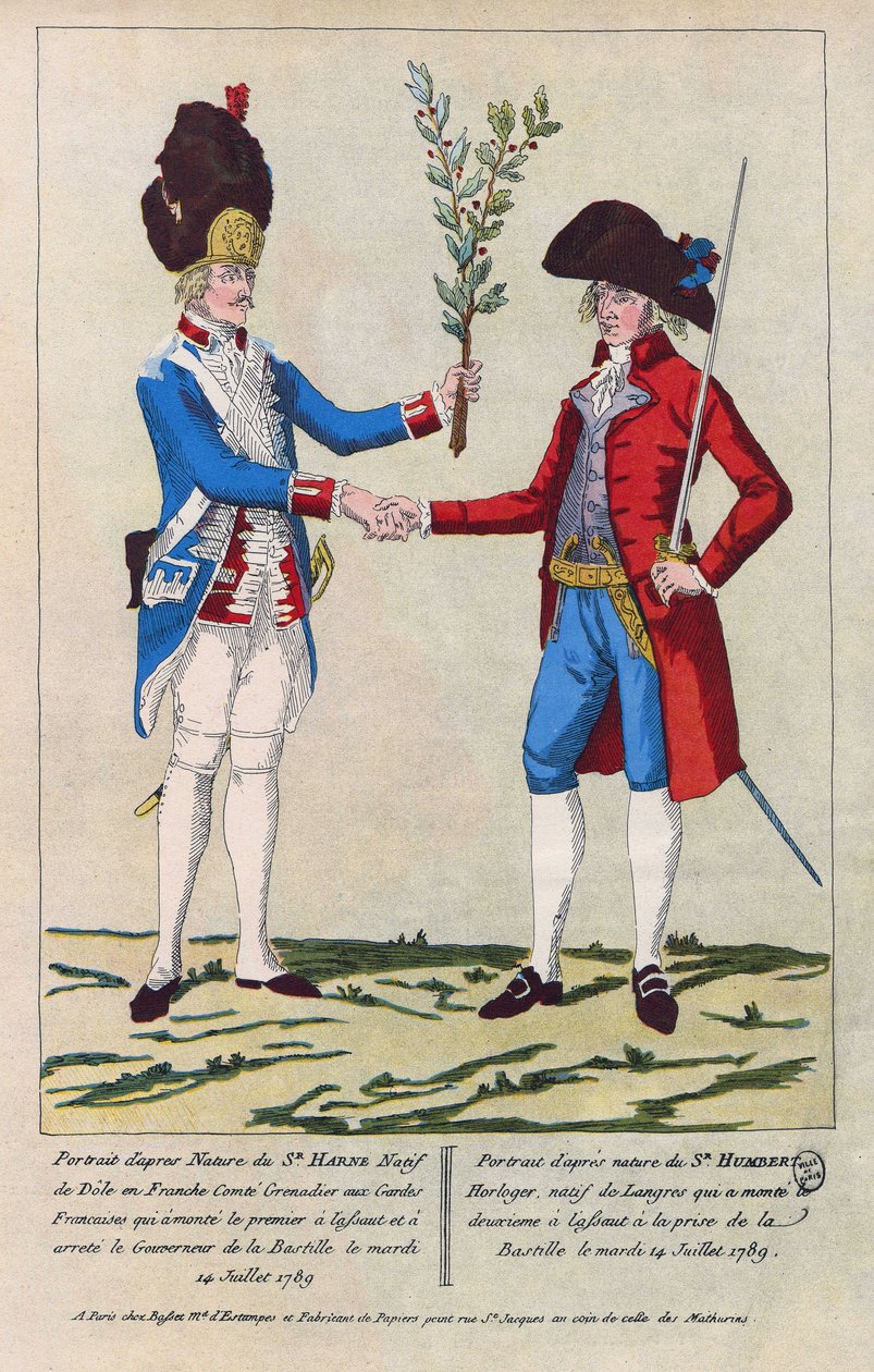 Natuurgetrouw portret van Sieur Harne, Grenadier en Sieur Humbert, horlogemaker. Zij waren de eerste mannen die werden aangevallen tijdens de bestorming van de Bastille op 14 juli 1789. Gravure uit 1790. door French School