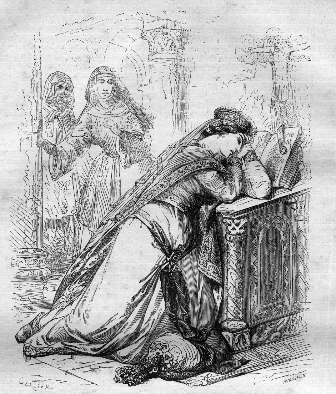 Agnes de Meranie of Meran (1172-1201), koningin van Frankrijk, werd naar het klooster gestuurd door Koning Filips Augustus. Gravure in 