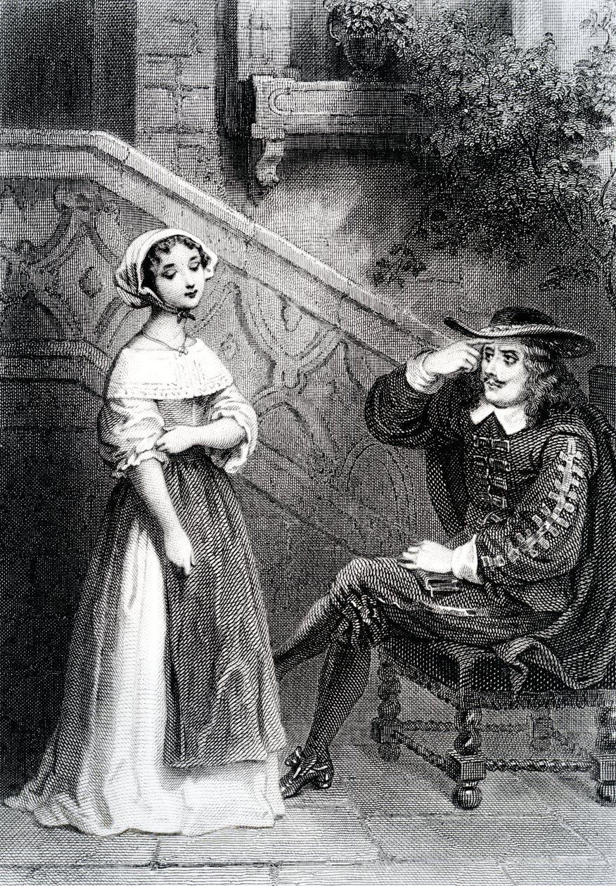 Agnes met haar voogd Arnolphe, uit De School voor Vrouwen, door Molière door French School