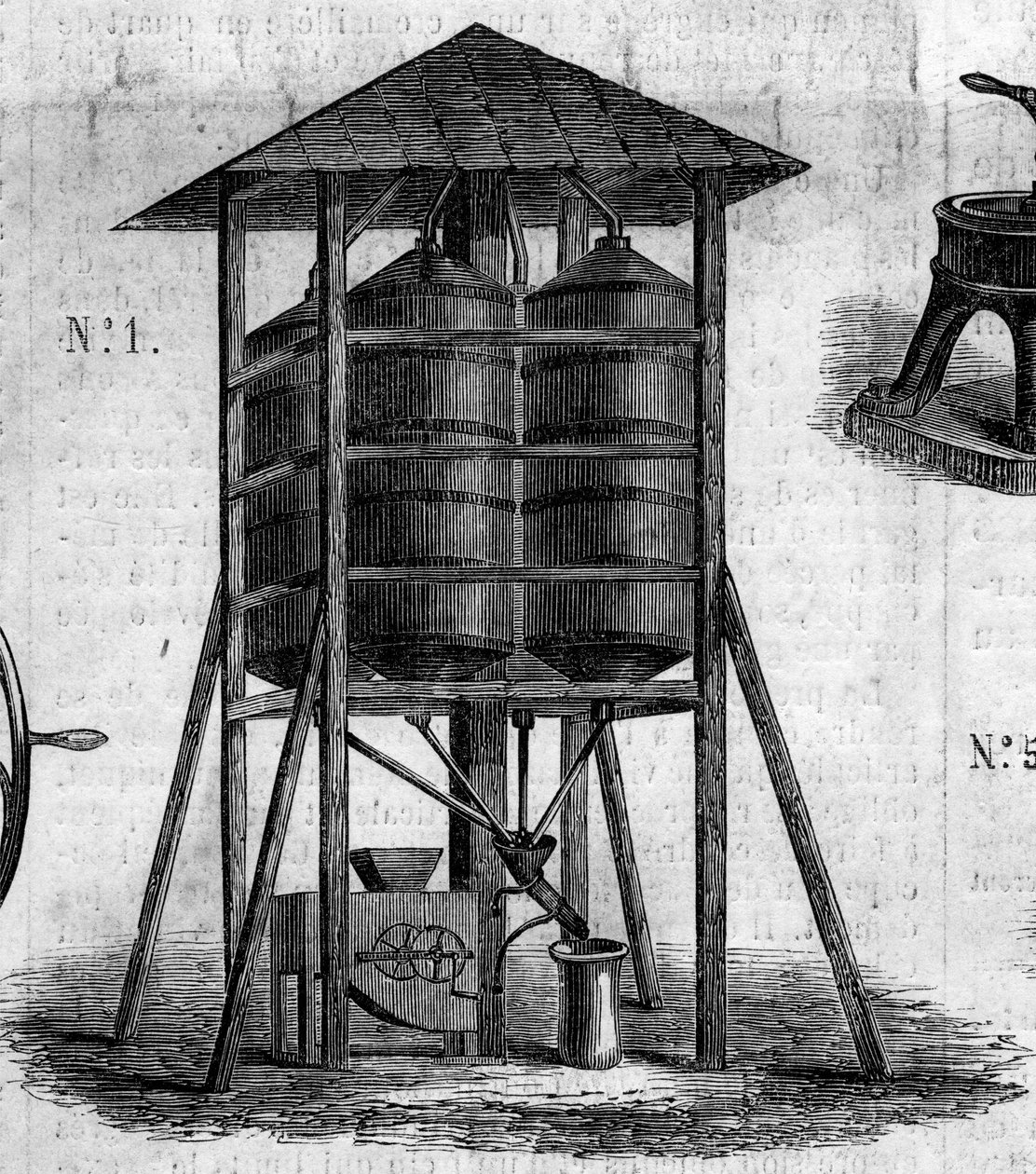 Landbouwmachine: een conserverende zolder voor tarwe gepresenteerd op de Landbouwtentoonstelling van 1860 in Parijs. Gravure in 